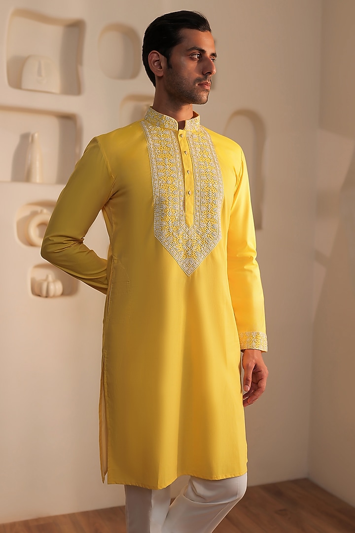 Yellow Cotton Hand Embroidered Kurta Set by Prateek Munjal at Pernia's Pop Up Shop