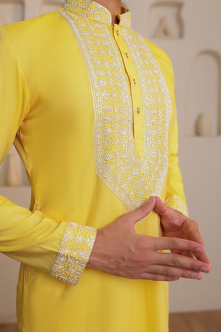 Yellow Cotton Hand Embroidered Kurta Set by Prateek Munjal at Pernia's Pop Up Shop