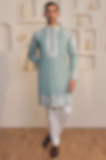 Spearmint Green Cotton Thread Embroidered Kurta Set by KUSTOMEYES