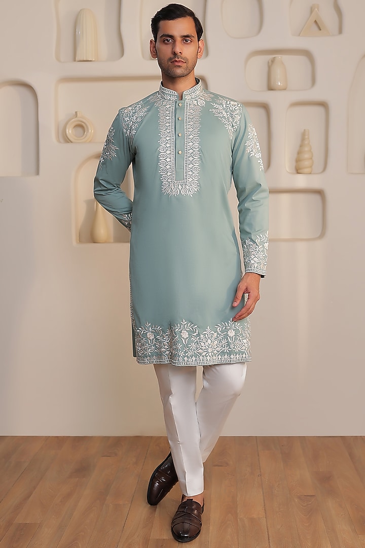 Spearmint Green Cotton Thread Embroidered Kurta Set by KUSTOMEYES
