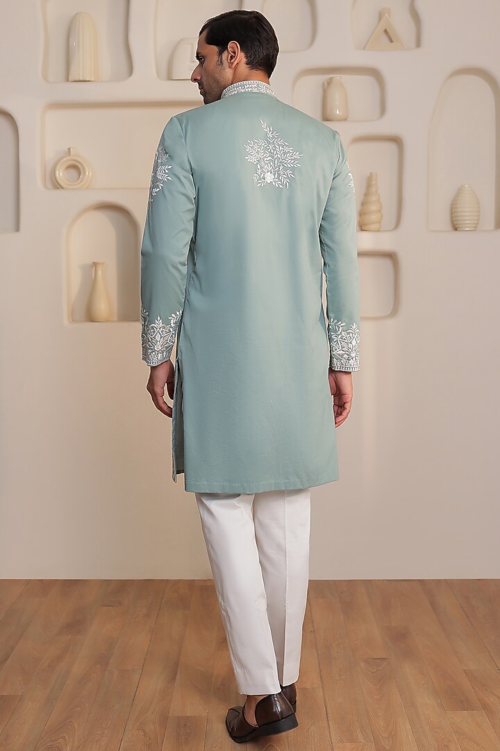 Spearmint Green Cotton Thread Embroidered Kurta Set by Prateek Munjal at Pernia's Pop Up Shop