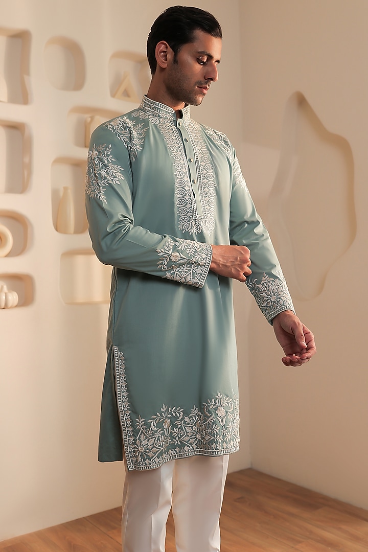 Spearmint Green Cotton Thread Embroidered Kurta Set by Prateek Munjal at Pernia's Pop Up Shop
