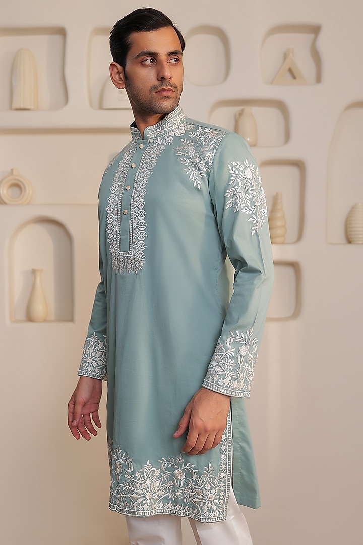 Spearmint Green Cotton Thread Embroidered Kurta Set by Prateek Munjal at Pernia's Pop Up Shop