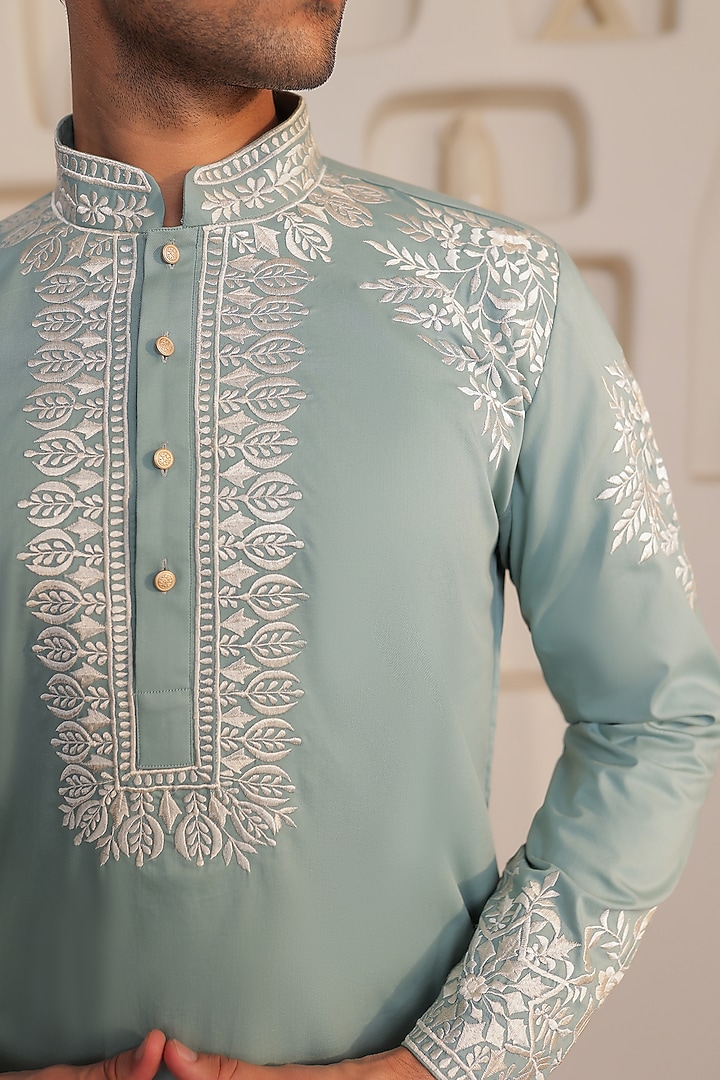 Spearmint Green Cotton Thread Embroidered Kurta Set by Prateek Munjal at Pernia's Pop Up Shop