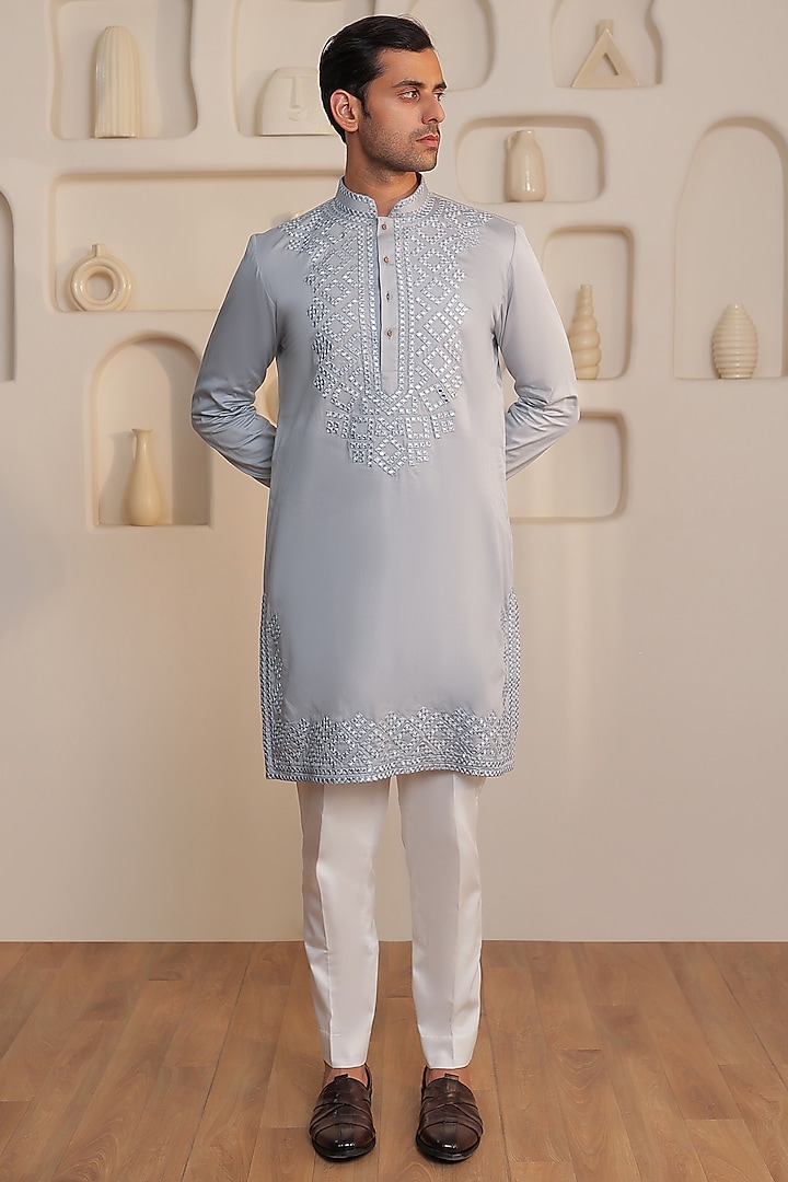 Grey Cotton Mirror Work Kurta Set by KUSTOMEYES