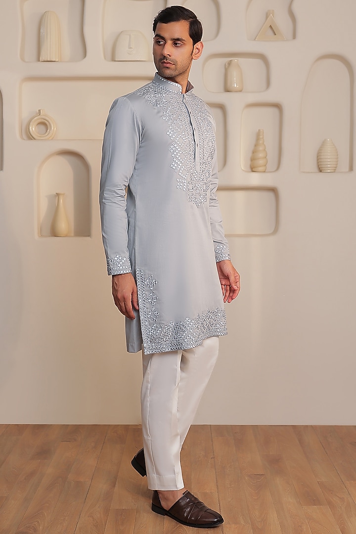 Grey Cotton Mirror Work Kurta Set by Prateek Munjal at Pernia's Pop Up Shop