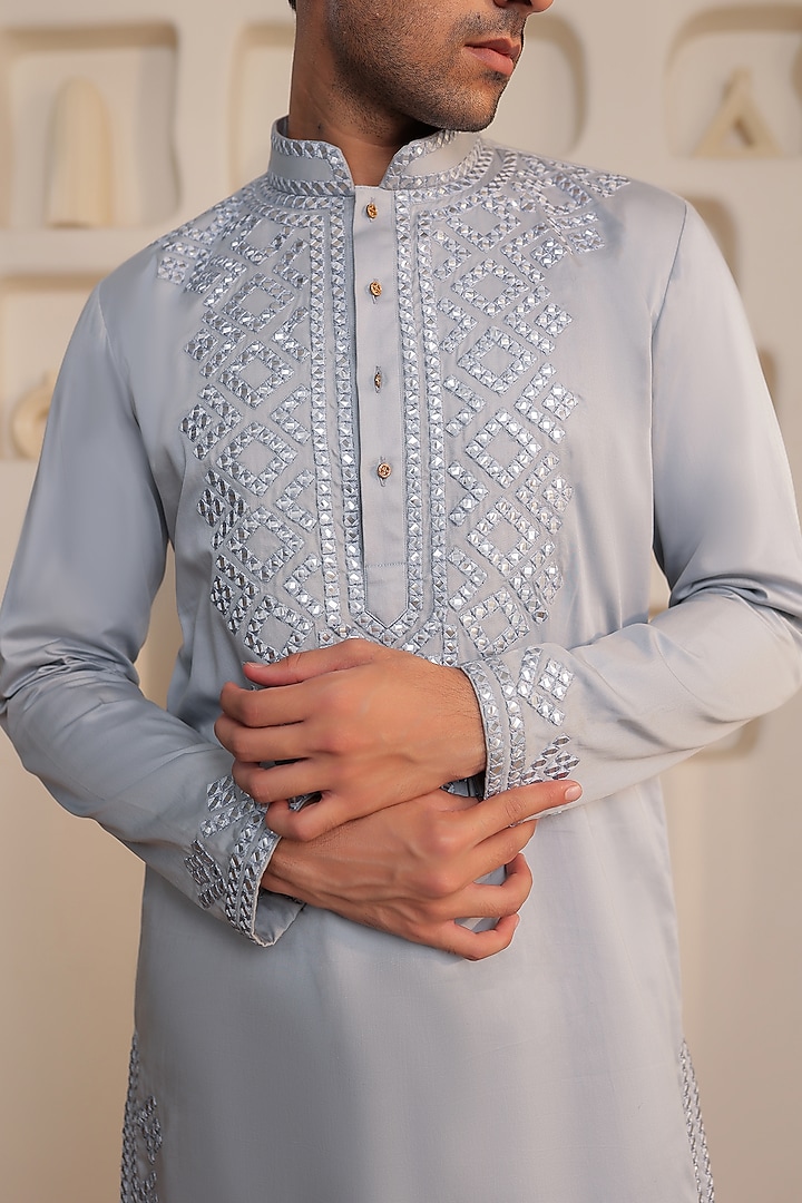 Grey Cotton Mirror Work Kurta Set by Prateek Munjal at Pernia's Pop Up Shop
