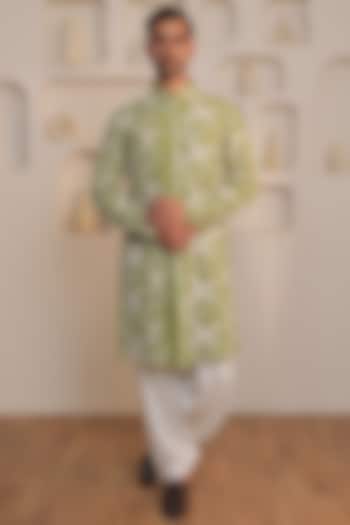 Mint Green Knitted Cotton Floral Motifs Kurta Set by KUSTOMEYES