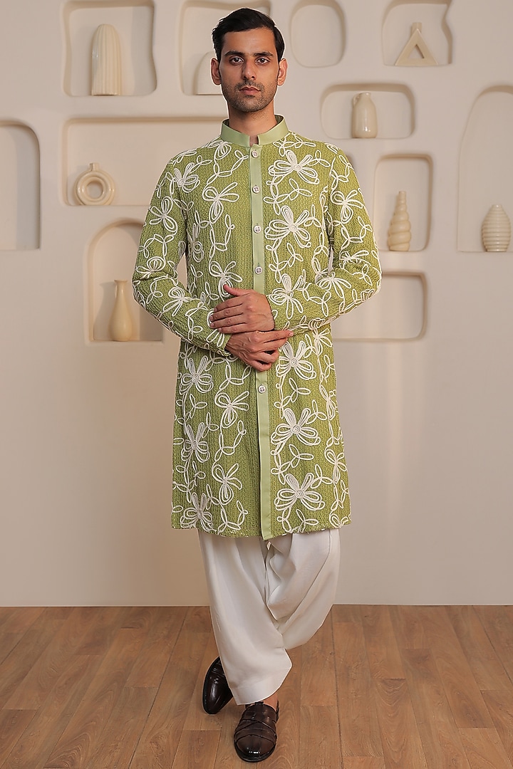 Mint Green Knitted Cotton Floral Motifs Kurta Set by KUSTOMEYES