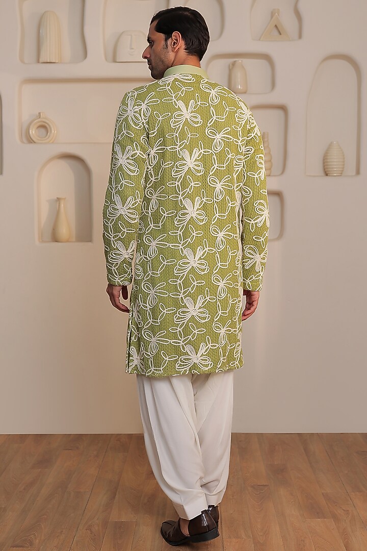 Mint Green Knitted Cotton Floral Motifs Kurta Set by Prateek Munjal at Pernia's Pop Up Shop