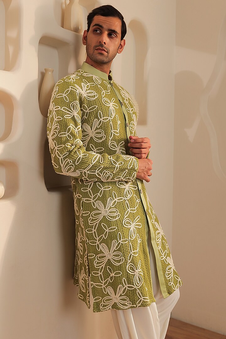 Mint Green Knitted Cotton Floral Motifs Kurta Set by Prateek Munjal at Pernia's Pop Up Shop