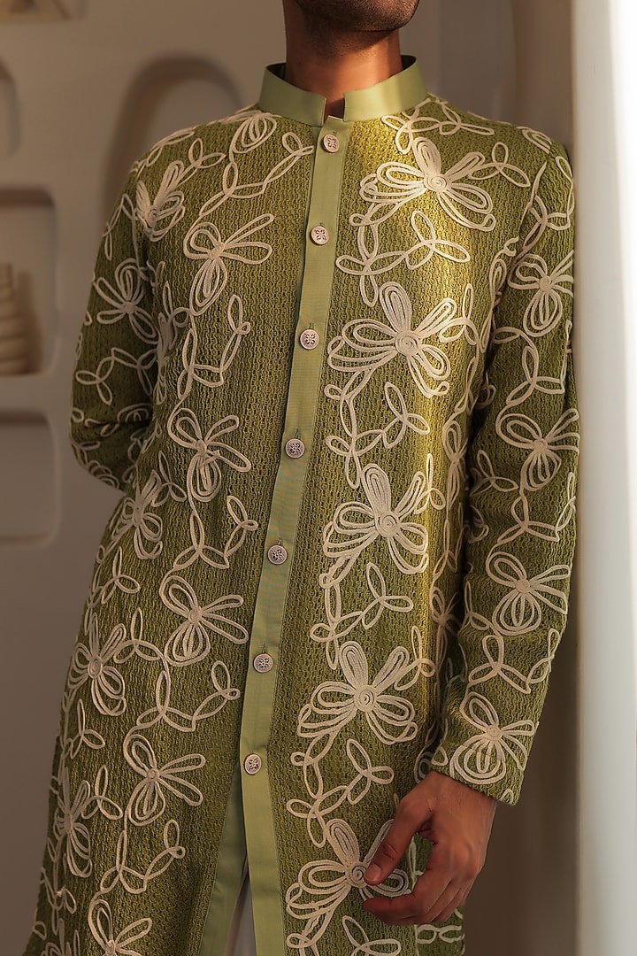 Mint Green Knitted Cotton Floral Motifs Kurta Set by Prateek Munjal at Pernia's Pop Up Shop