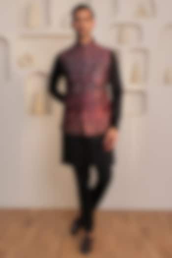 Wine & Black Silk Floral Embroidered Bundi Jacket Set by KUSTOMEYES