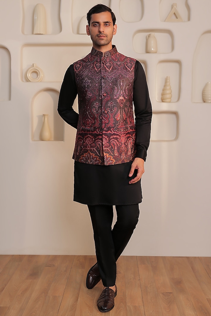 Wine & Black Silk Floral Embroidered Bundi Jacket Set by KUSTOMEYES