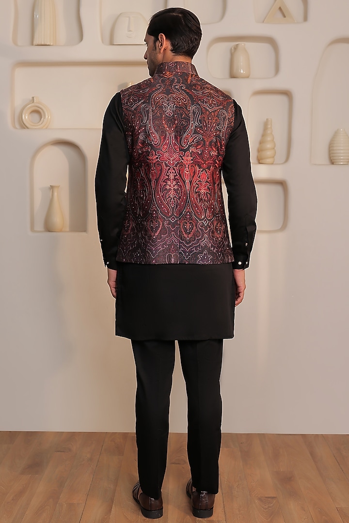 Wine & Black Silk Floral Embroidered Bundi Jacket Set by Prateek Munjal at Pernia's Pop Up Shop