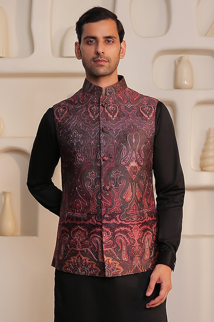 Wine & Black Silk Floral Embroidered Bundi Jacket Set by Prateek Munjal at Pernia's Pop Up Shop