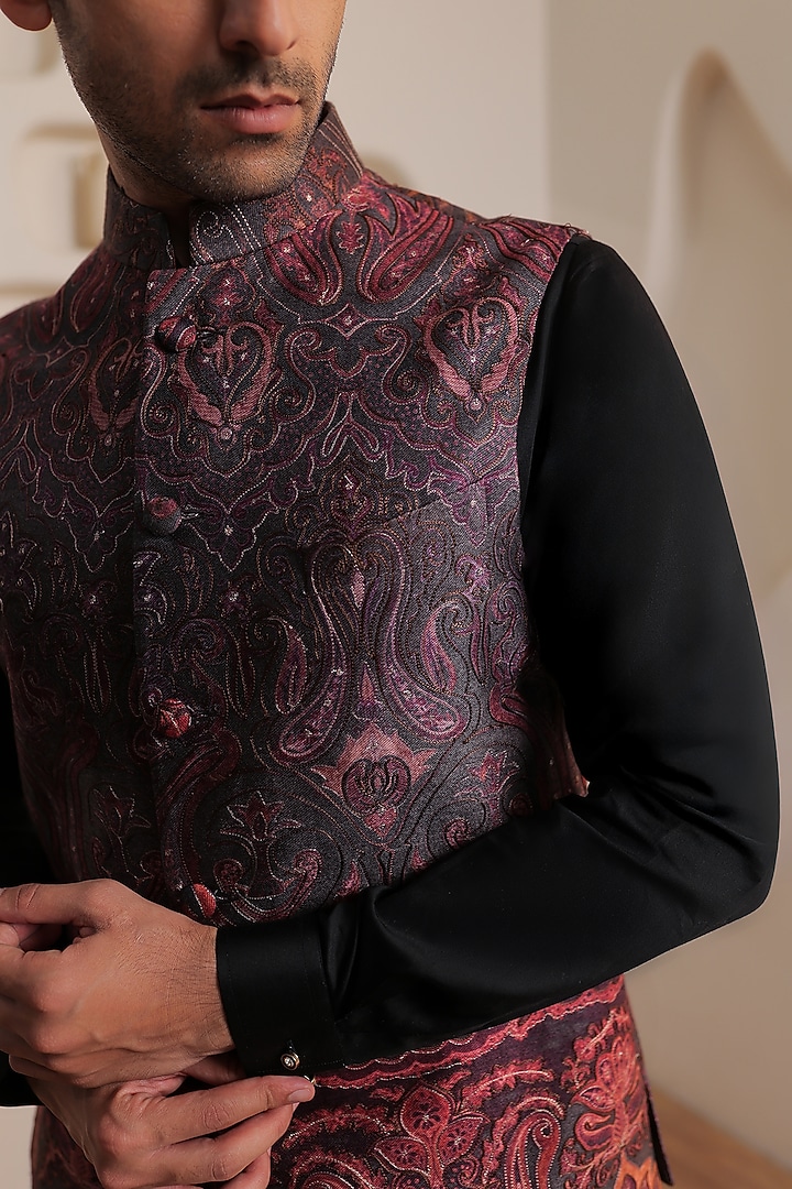 Wine & Black Silk Floral Embroidered Bundi Jacket Set by Prateek Munjal at Pernia's Pop Up Shop