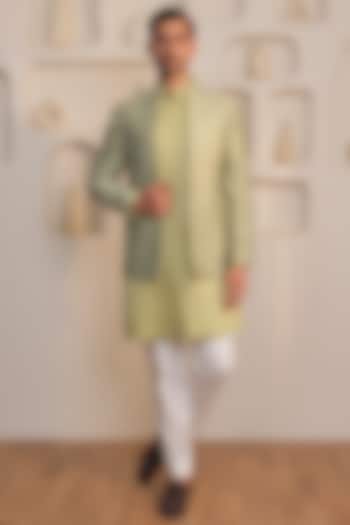 Mint Green Silk Thread Embroidered Bandhgala Set by KUSTOMEYES