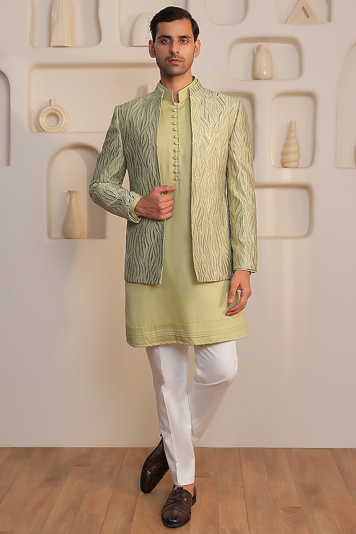 Mint Green Silk Thread Embroidered Bandhgala Set by KUSTOMEYES