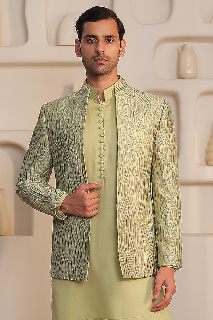Mint Green Silk Thread Embroidered Wedding Bandhgala Set by Prateek Munjal at Pernia's Pop Up Shop