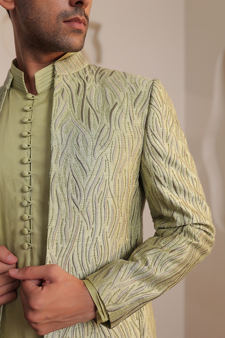 Mint Green Silk Thread Embroidered Wedding Bandhgala Set by Prateek Munjal at Pernia's Pop Up Shop