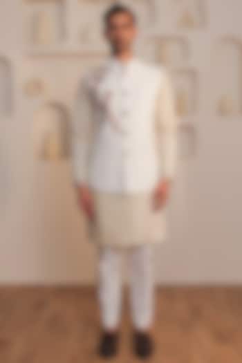 Beige & White Cotton Tonal Embroidered Bundi Jacket Set by KUSTOMEYES