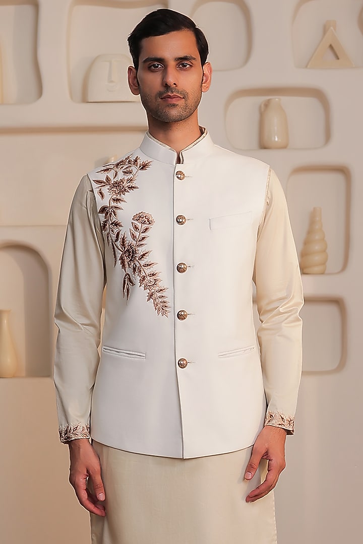 Beige & White Cotton Tonal Embroidered Bundi Jacket Set by Prateek Munjal at Pernia's Pop Up Shop