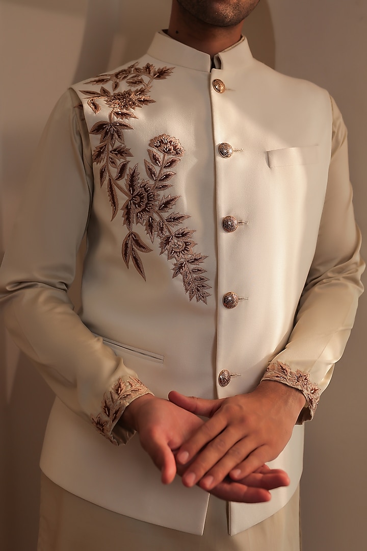 Beige & White Cotton Tonal Embroidered Bundi Jacket Set by Prateek Munjal at Pernia's Pop Up Shop