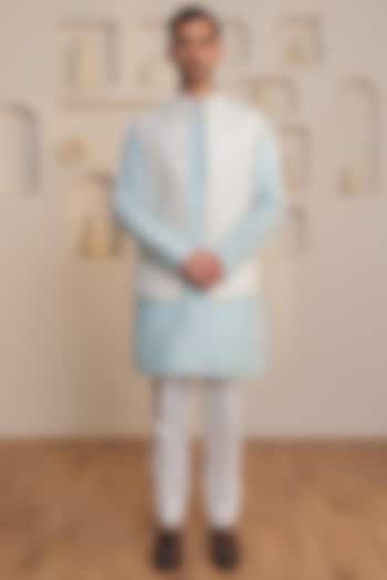 Ice Blue Silk Embellished Jacket Set by KUSTOMEYES