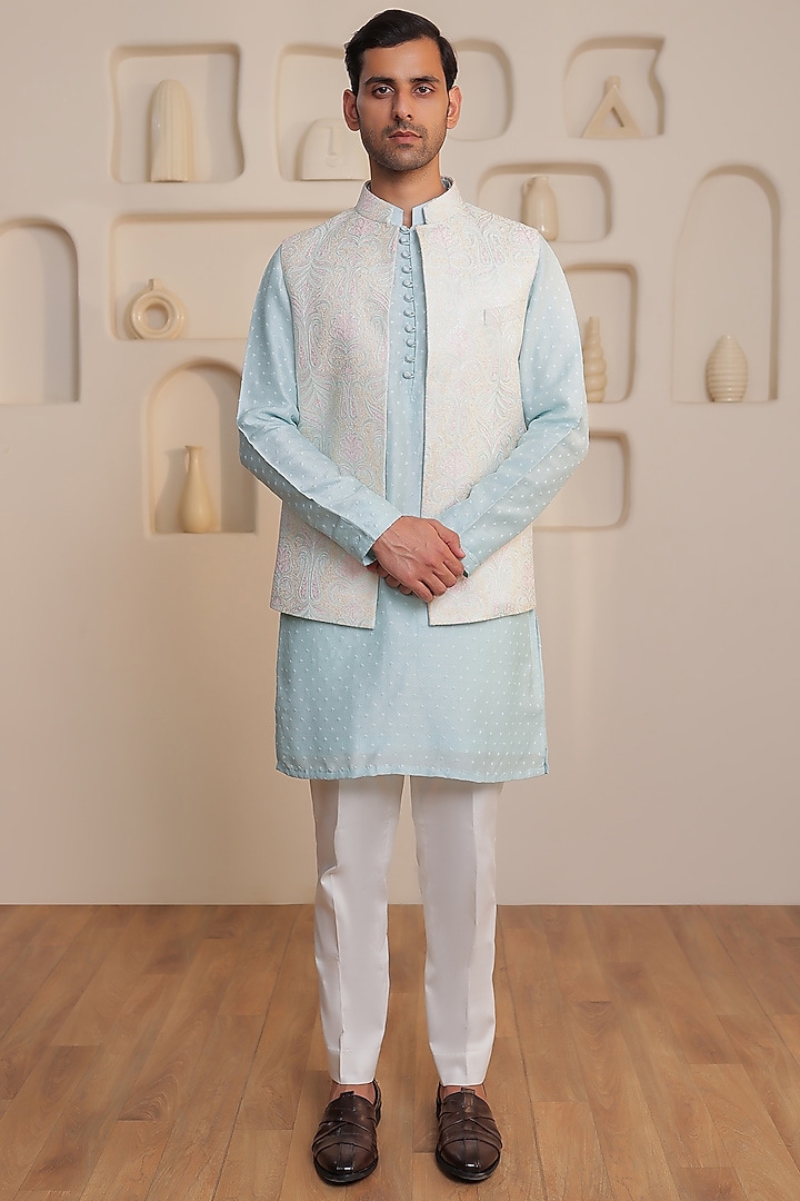 Ice Blue Silk Embellished Jacket Set by KUSTOMEYES