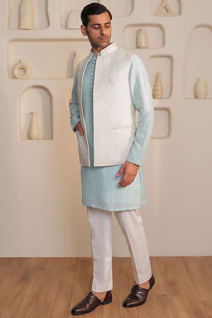 Ice Blue Silk Embellished Jacket Set by Prateek Munjal at Pernia's Pop Up Shop