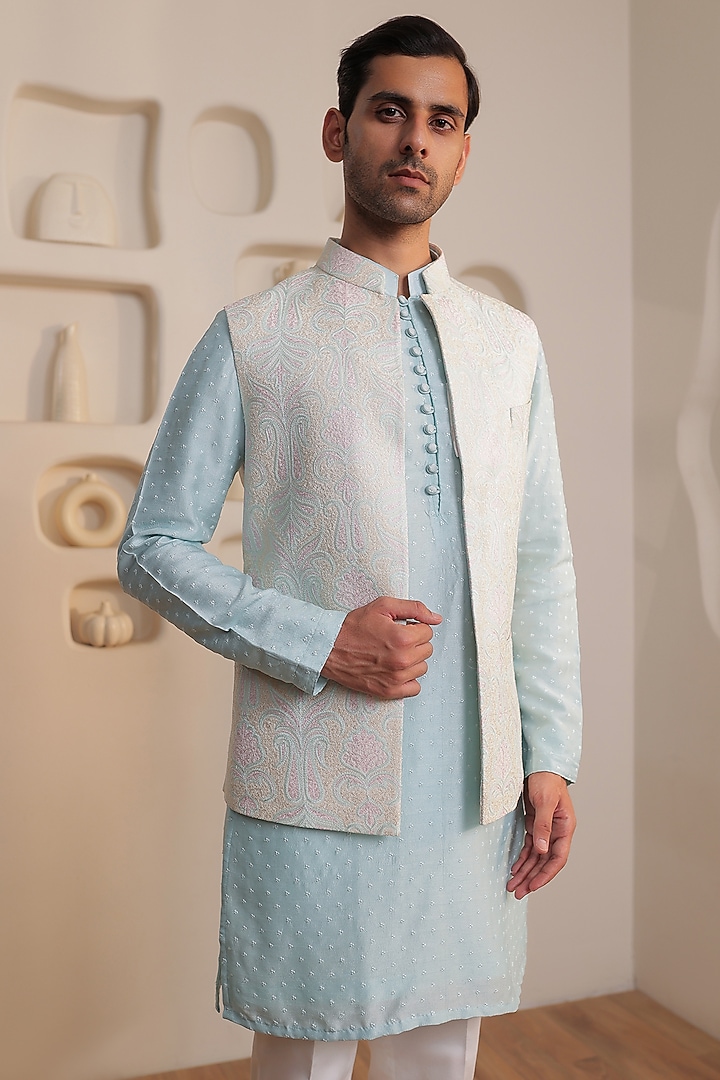 Ice Blue Silk Embellished Jacket Set by Prateek Munjal at Pernia's Pop Up Shop