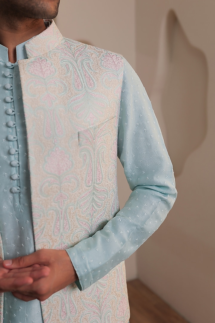 Ice Blue Silk Embellished Jacket Set by Prateek Munjal at Pernia's Pop Up Shop