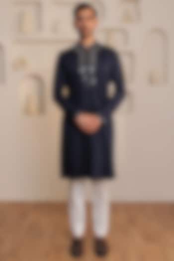 Blue Cotton Mirror Work Kurta Set by KUSTOMEYES