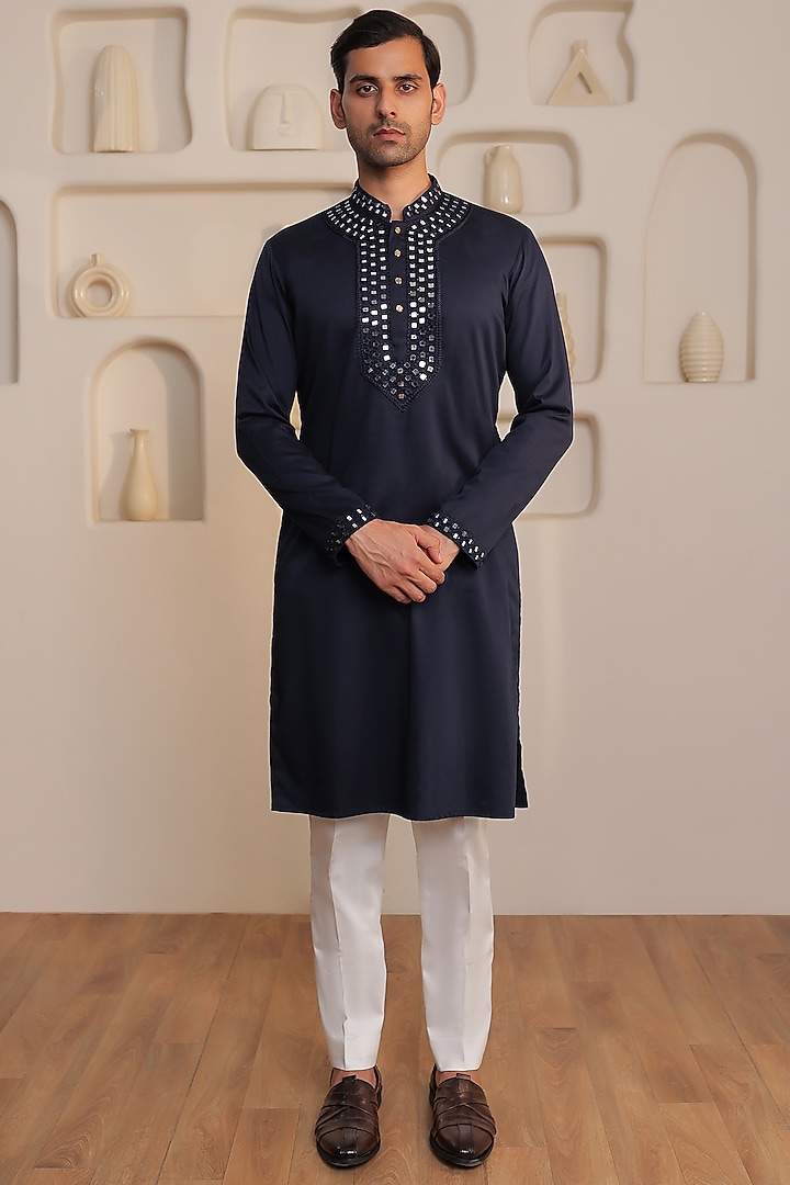 Blue Cotton Mirror Work Kurta Set by KUSTOMEYES