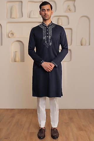 Blue Cotton Mirror Work Kurta Set by Prateek Munjal