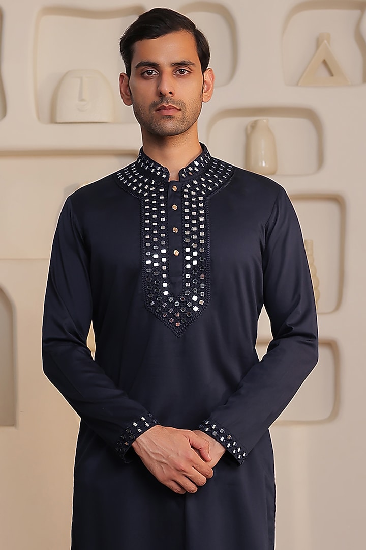 Blue Cotton Mirror Work Kurta Set by Prateek Munjal at Pernia's Pop Up Shop