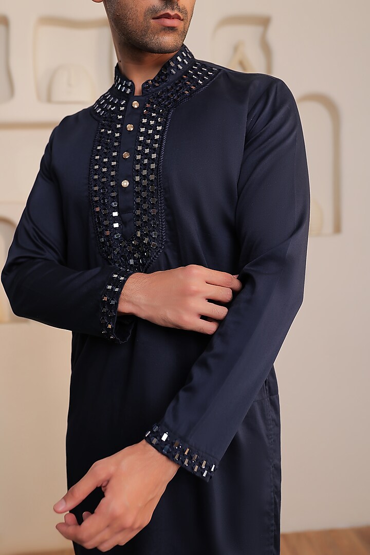 Blue Cotton Mirror Work Kurta Set by Prateek Munjal at Pernia's Pop Up Shop