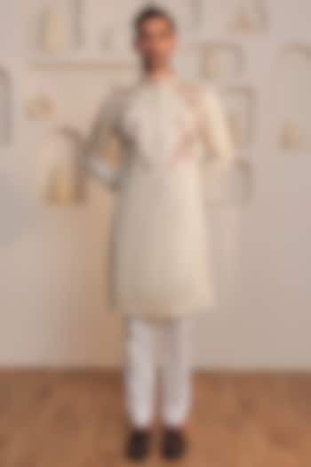 Beige Cotton Embroidered Kurta Set by KUSTOMEYES