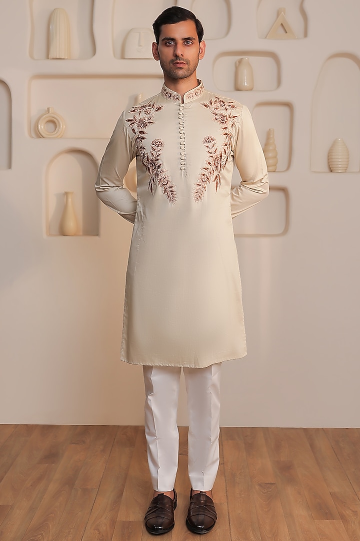 Beige Cotton Embroidered Kurta Set by KUSTOMEYES