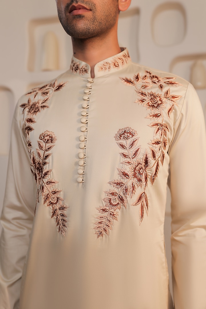 Beige Cotton Embroidered Kurta Set by Prateek Munjal at Pernia's Pop Up Shop