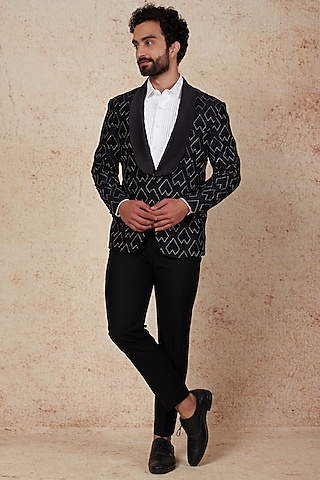 Black Silk Embroidered Tuxedo Set by Prateek Munjal
