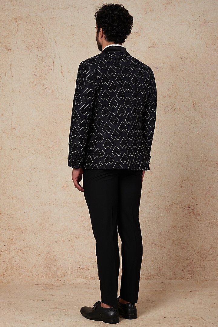 Black Silk Embroidered Tuxedo Set by Prateek Munjal at Pernia's Pop Up Shop