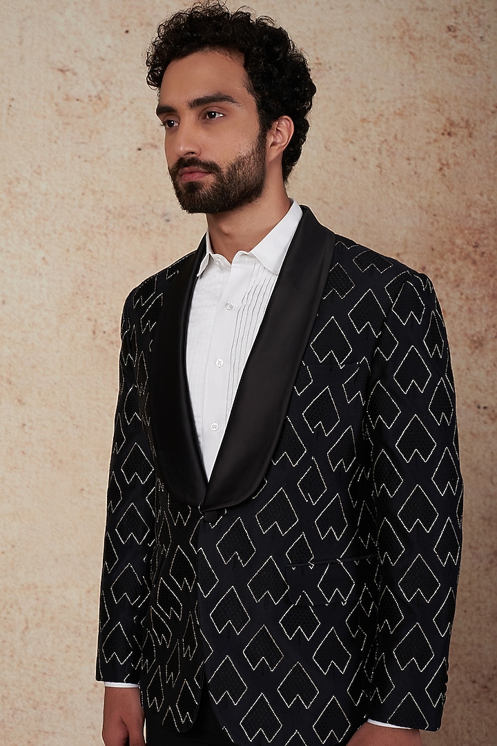 Black Silk Embroidered Tuxedo Set by Prateek Munjal at Pernia's Pop Up Shop