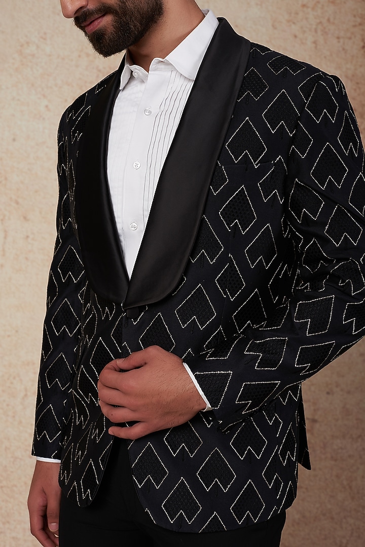 Black Silk Embroidered Tuxedo Set by Prateek Munjal at Pernia's Pop Up Shop