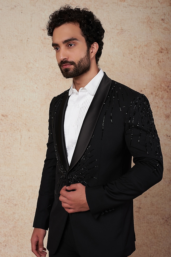 Black Embroidered Tuxedo Set by Prateek Munjal at Pernia's Pop Up Shop