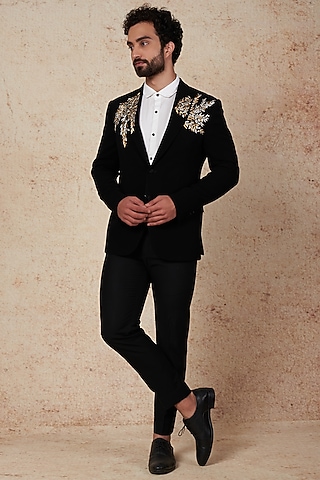 Black Poly Wool Embroidered Tuxedo Set by Prateek Munjal
