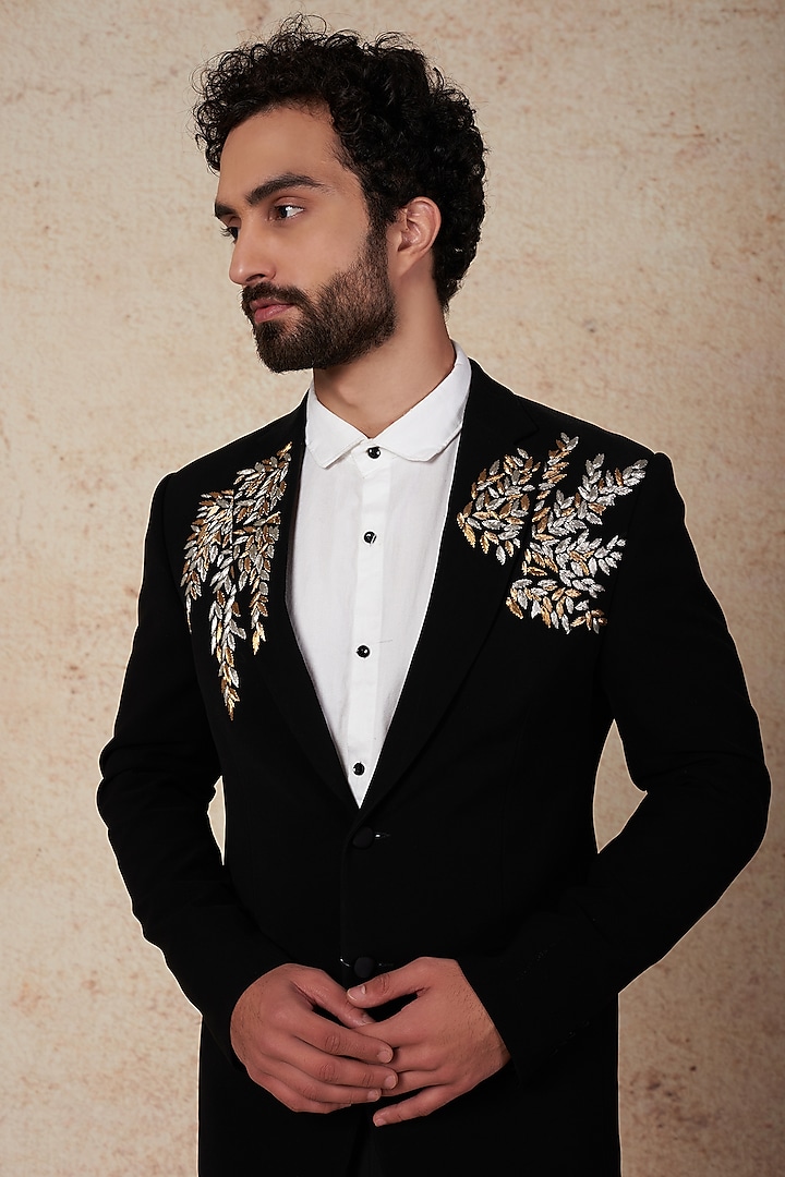Black Poly Wool Embroidered Tuxedo Set by Prateek Munjal at Pernia's Pop Up Shop