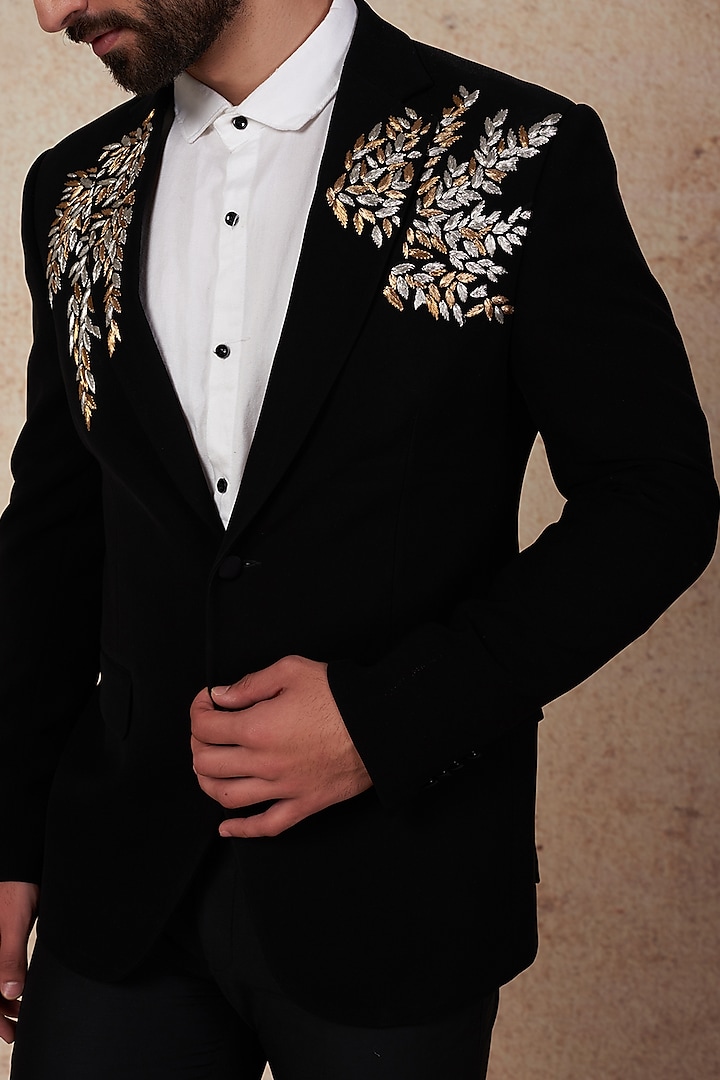 Black Poly Wool Embroidered Tuxedo Set by Prateek Munjal at Pernia's Pop Up Shop