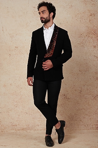 Black Swarovski Embroidered Tuxedo Set by Prateek Munjal